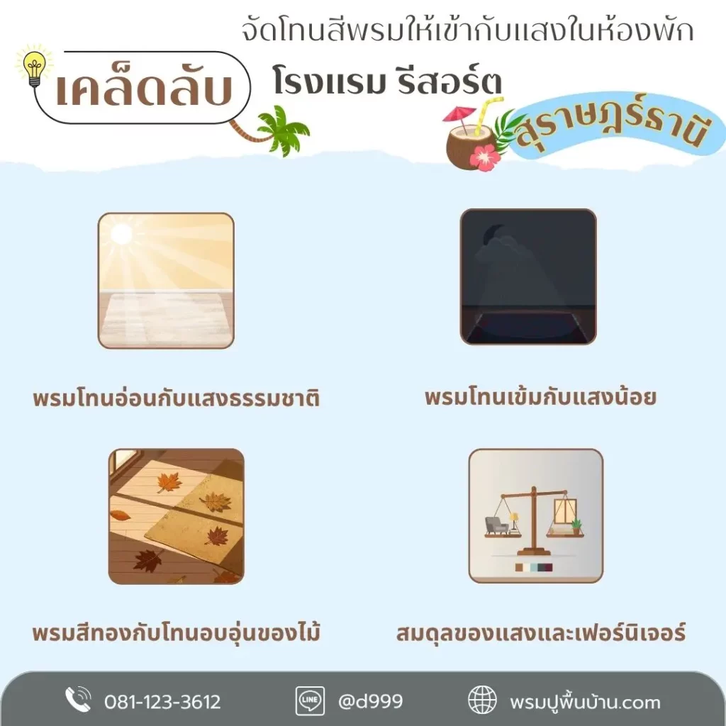 พรมสีอบอุ่นสำหรับห้องพักและรีสอร์ต ปูโดยทีม D-design คุณภาพ พร้อมติดตั้งทั่วสุราษฎร์ธานี