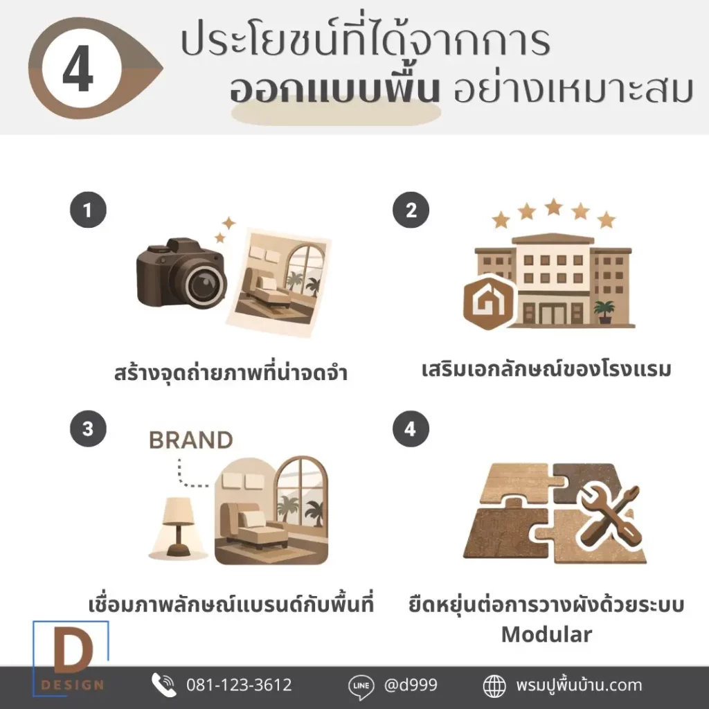 พรมแผ่น 50x50 ลาย Bauhaus สีสดใน lobby โรงแรม ช่วยสร้างจุดถ่ายรูปที่โดดเด่น